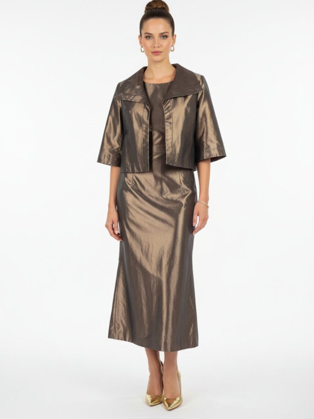 Badgley Mischka Taupe Shiny Half Sleeve Jacket &‎ Long Maxi Skirt SET 12